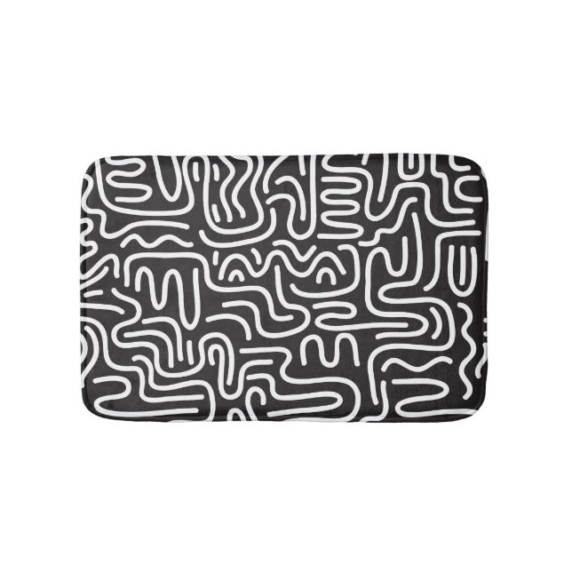 Tapis De Bain Lignes ondulées de doodle rétro : Monochrome (Devant)