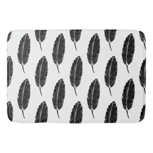 Tapis De Bain Linocut en plumes rustiques noir et blanc