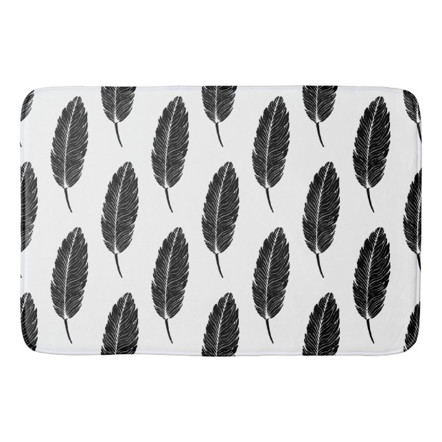 Tapis De Bain Linocut en plumes rustiques noir et blanc (Devant)