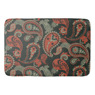 Tapis De Bain Linocut Traditionnel Paisley Chaud Orange Mint Ver
