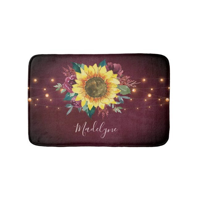 Tapis De Bain Lumières de tournesol Bourgogne Monogramme floral (Devant)