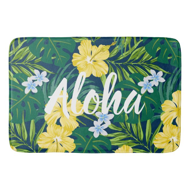 Tapis De Bain Luna Hibiscus Garden Hawaiian - Jaune et Marine (Devant)