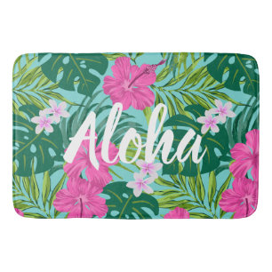 Tapis De Bain Luna Hibiscus Garden Hawaiian - Rose et Turq