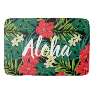 Tapis De Bain Luna Hibiscus Garden Hawaiian - Rouge et Noir