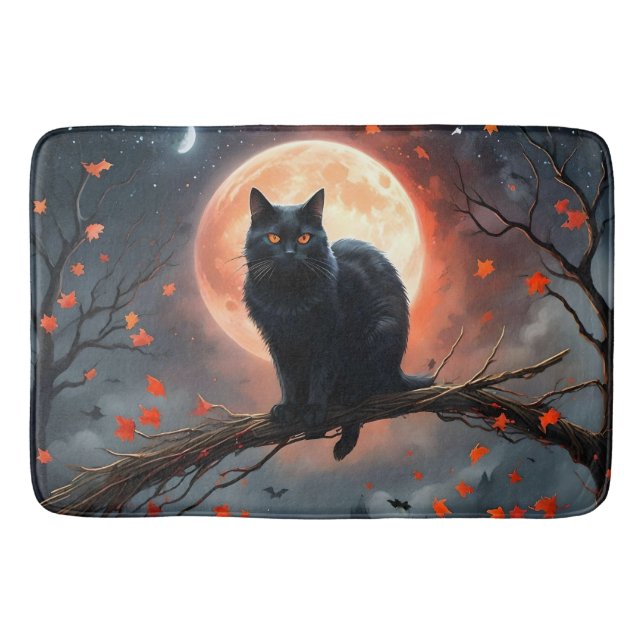 Tapis De Bain Lune de chat noir d'Halloween effrayant, (Devant)