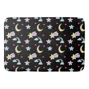 Tapis De Bain Lune lunaire, étoiles et nuages Motif sur noir