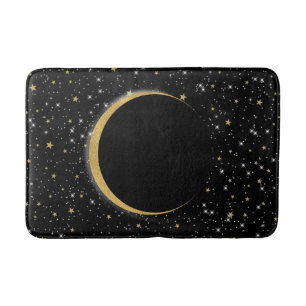 Tapis De Bain Lune Magique Céleste Noir & Or Étoiles Lunaires