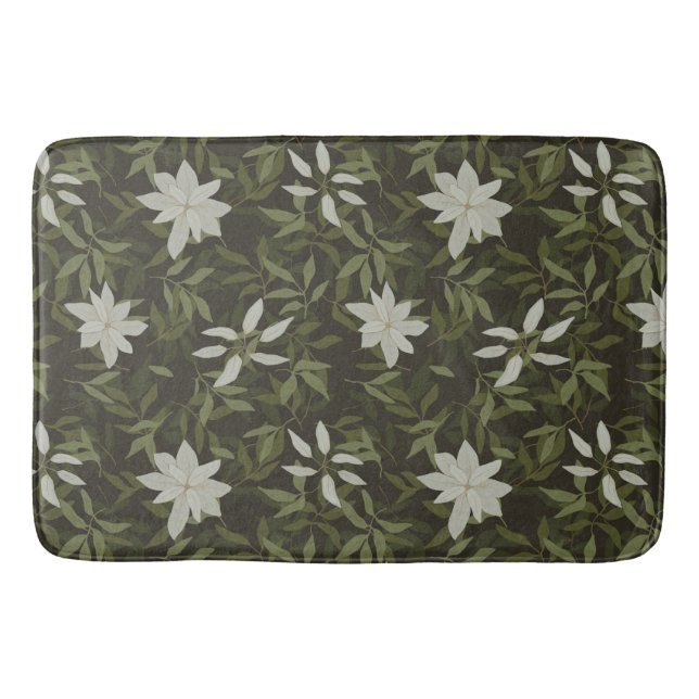 Tapis De Bain Magnolia et feuilles verts sur noir (Devant)