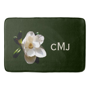 Tapis De Bain Magnolia sur Vert foncé avec Monogramme
