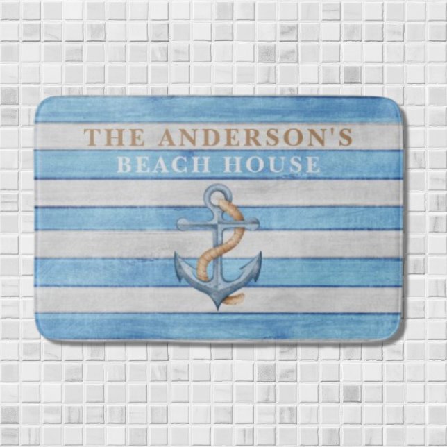 Tapis De Bain Maison de plage familiale rustique rayures marines (Créateur téléchargé)