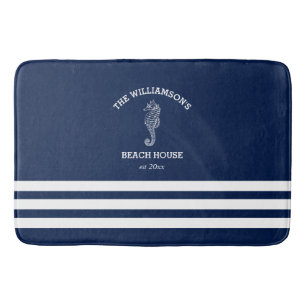 Tapis De Bain Maison de plage rayée bleu marine et blanc   Hippo