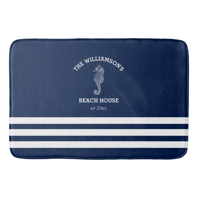 Tapis De Bain Maison de plage rayée bleu marine et blanc | Hippo (Devant)