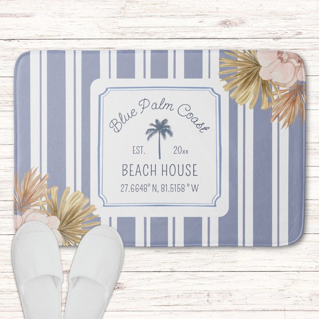 Tapis De Bain Maison de plage Rayures bleues Côtière Boho Fermet (In situ)