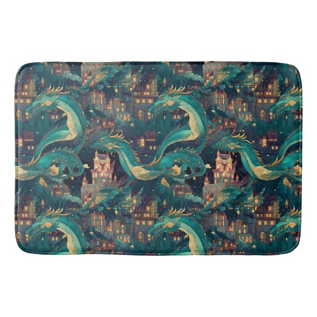 Tapis De Bain Majestic Turquoise Dragons et Village (Devant)