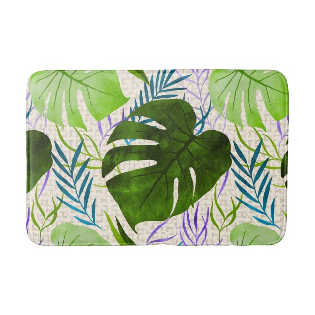 Tapis De Bain Maleah Monstera Tropical Hawaiian Aquarelle Vert (Devant)