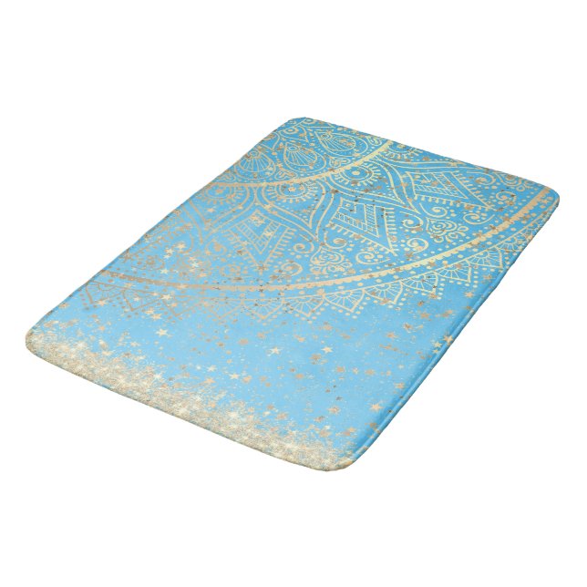 Tapis De Bain Mandala envoûtant avec Gold Stars sur Turquoise (Angle)