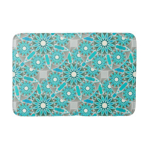 Tapis De Bain Mandala motif, turquoise, gris argenté et blanc