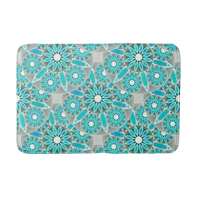 Tapis De Bain Mandala motif, turquoise, gris argenté et blanc (Devant)