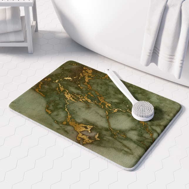 Tapis De Bain Marble Texture Olive Green Faux Gold Foil (Créateur téléchargé)