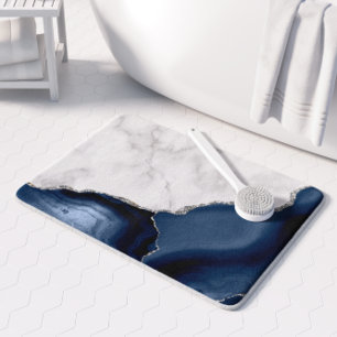 Tapis De Bain Marbre Blanc Agate Bleu Marine Paillettes Argentée