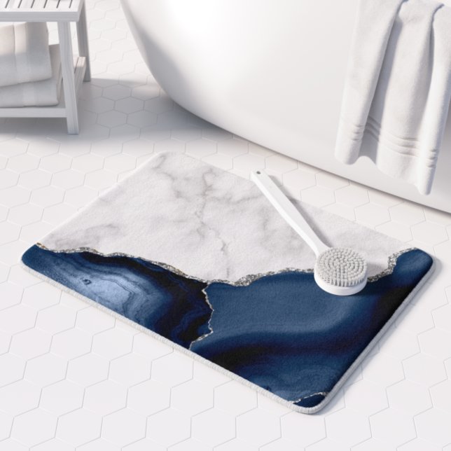 Tapis De Bain Marbre Blanc Agate Bleu Marine Paillettes Argentée (Créateur téléchargé)