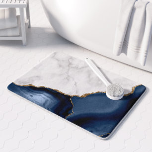 Tapis De Bain Marbre blanc Agate Navy Blue dorée