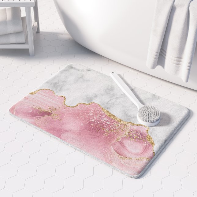 Tapis De Bain Marbre blanc Agate rose pastel Paillettes dorées (Créateur téléchargé)