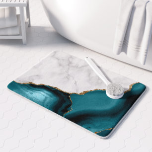 Tapis De Bain Marbre blanc Agate sarcelle bleue dorée