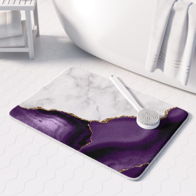 Tapis De Bain Marbre Blanc Agate Violette Paillettes Dorées (Créateur téléchargé)