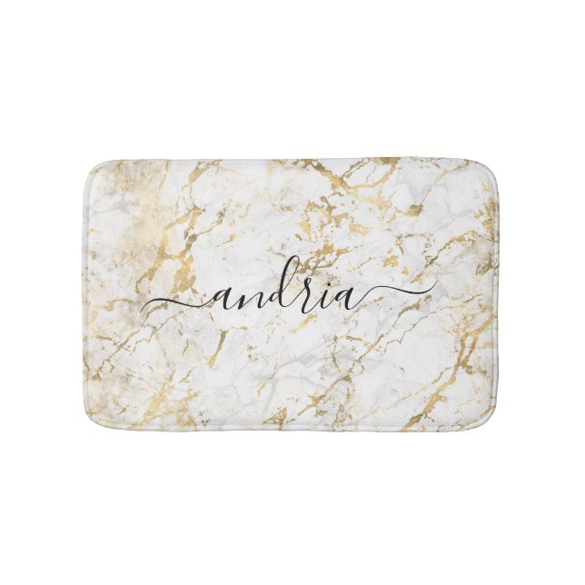 Tapis De Bain Marbre blanc et or, nom de script noir (Devant)