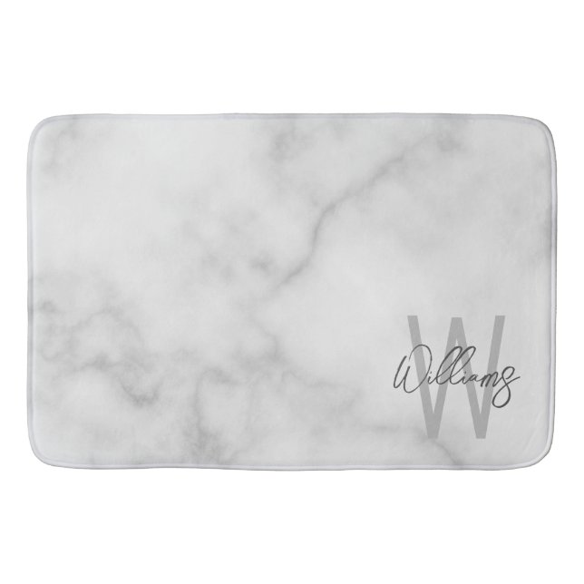 Tapis De Bain Marbre blanc Script Monogramme personnalisé et nom (Devant)
