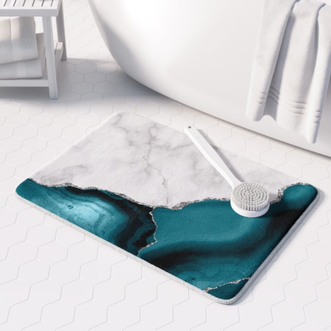 Tapis De Bain Marbre blanc Turquoise Blue Agate Argent (Créateur téléchargé)