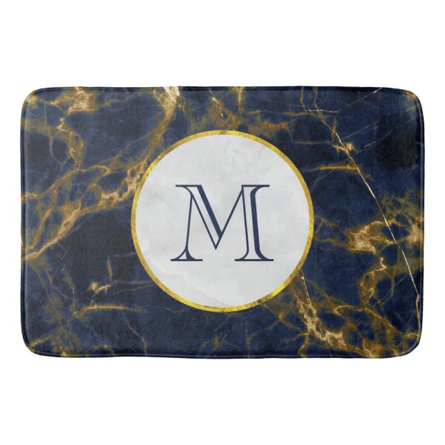 Tapis De Bain Marbre bleu marine et or Marbre moderne Monogramme (Devant)