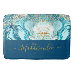 Tapis De Bain Marbre bleu or moderne Ocean Aquarelle Nom