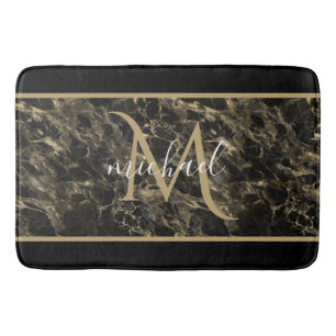 Tapis De Bain Marbre noir et or Monogramme Élégant Luxe
