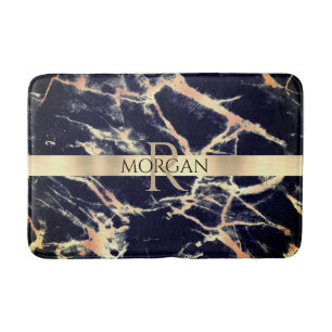 Tapis De Bain Marbre Noir+Or, Grand Bande Or Nom+Monogramme