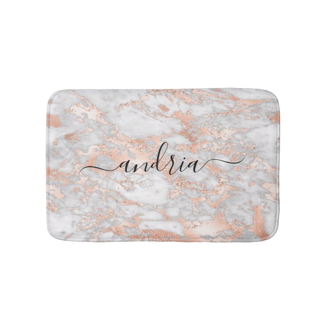 Tapis De Bain Marbre Or Rose & Blanc 2, Paillettes, Nom Script (Devant)