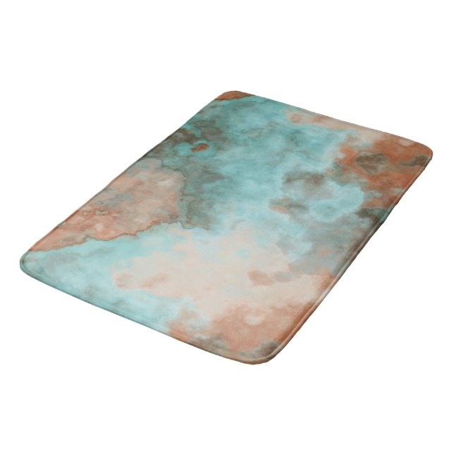 Tapis De Bain Marbre turquoise et rouille Abstrait (Angle)