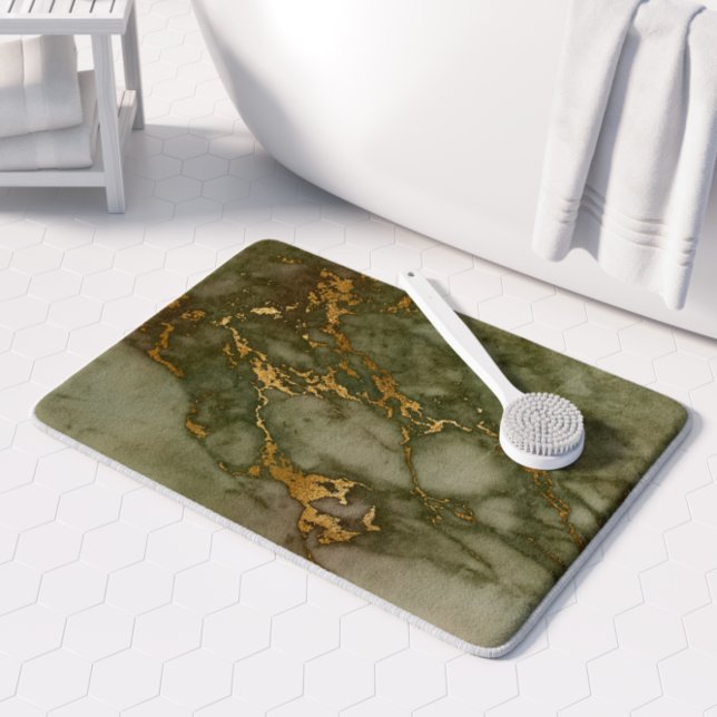 Tapis De Bain Marbre Vert Olive Feuille de Faux Or (Créateur téléchargé)