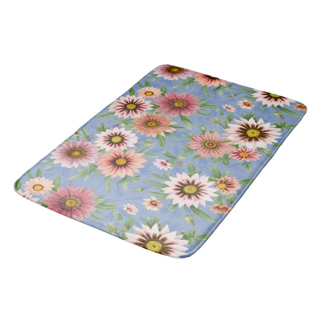 Tapis De Bain Marguerites roses jolies motifs floraux sur bleu (Angle)