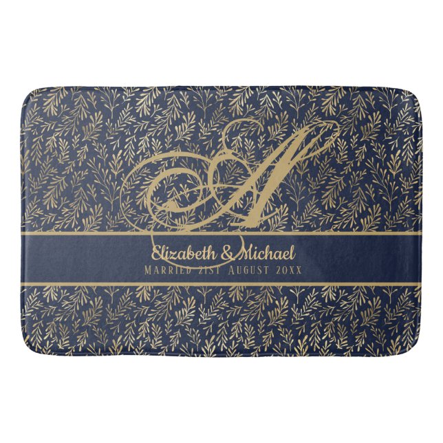 Tapis De Bain Mariage de la feuille d'or bleu de la marine Monog (Devant)