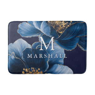 Tapis De Bain Marine Blue Gold Moderne Floral Monogramme Nom de