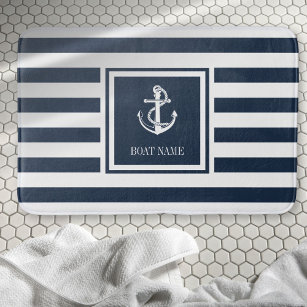 Tapis De Bain Marine Blue Stripe Nom du bateau Ancre nautique