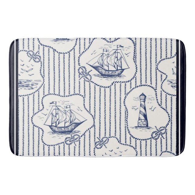 Tapis De Bain Marine Elements Blue White Lighthouse Ship (Devant)