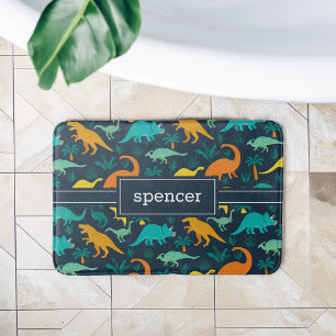 Tapis De Bain Marine Nom d'enfant Motif de dinosaures colorés
