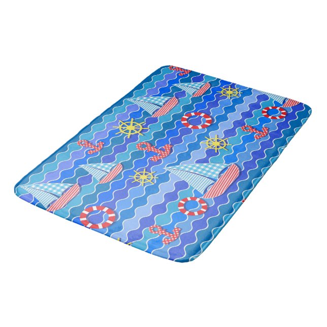 Tapis De Bain Marine Vague Rouge Bleu Ancre Bateau Voilier Batea (Angle)