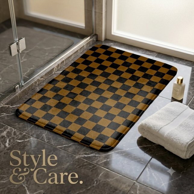 Tapis De Bain Marron uni avec motif carré noir (Solid Brown with Black Square Pattern Bath Mat)