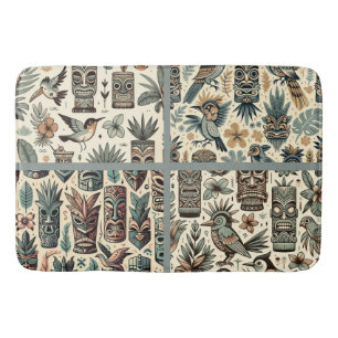 Tapis De Bain Masques Tiki Tropicaux Vintage et Oiseaux Gris Ver