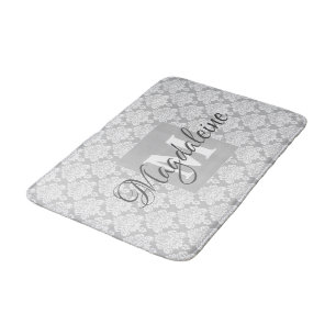 Tapis De Bain Mat de bain en Damas gris avec monogramme et nom