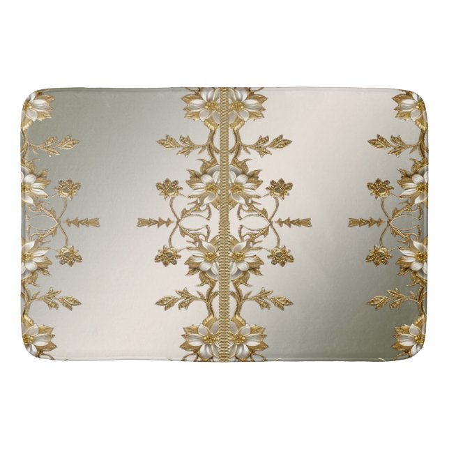 Tapis De Bain Mat de bain Orné Or Floral Blanc (Devant)